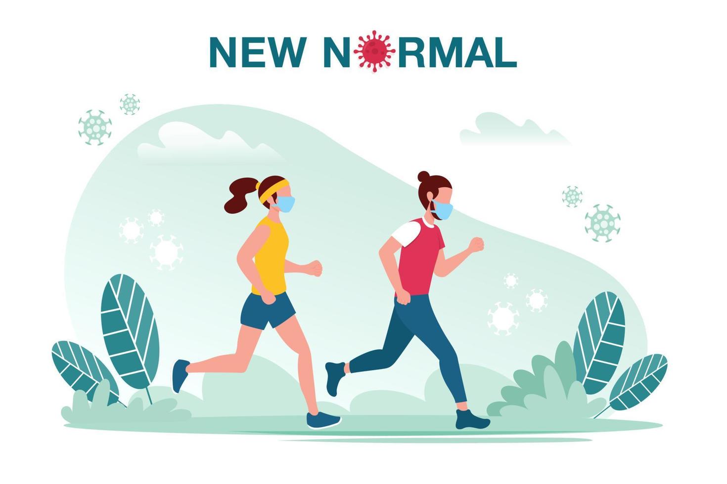 New normal concept illustration with male and female jogging with face mask prevention from disease outbreak. New normal after Covid-19 pandemic concept vector