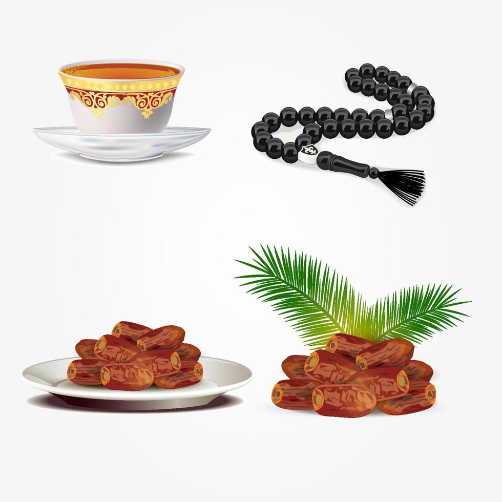 Arabic tea cup, Muslim rosary beads, and Dried dates fruit isolated on white background. ramadan iftar food. islamic symbol vector