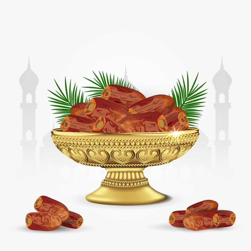 Vintage bowl of dates with palm leaves isolated on white background. ramadan iftar food. 3d vector illustration