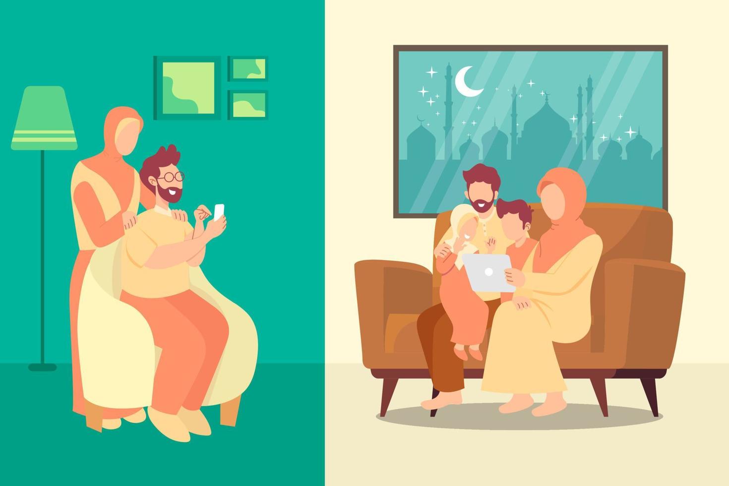 Muslim family blessing Eid mubarak through smart phone screens using video call. vector