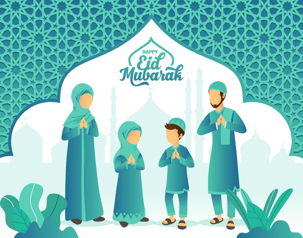 tarjeta de felicitación eid mubarak. familia musulmana de dibujos animados celebrando eid al fitr con mezquita y marco árabe en el fondo. vector