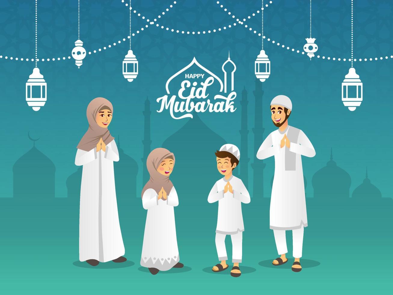 Eid mubarak greeting card. Cartoon muslim family blessing Eid al fitr on blue background. vector illustration.