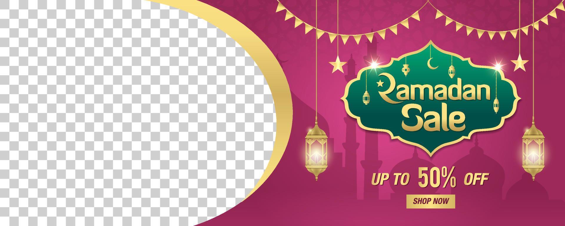 venta de ramadán, encabezado web o diseño de banner con marco dorado brillante, farolillos árabes y espacio para la imagen vector