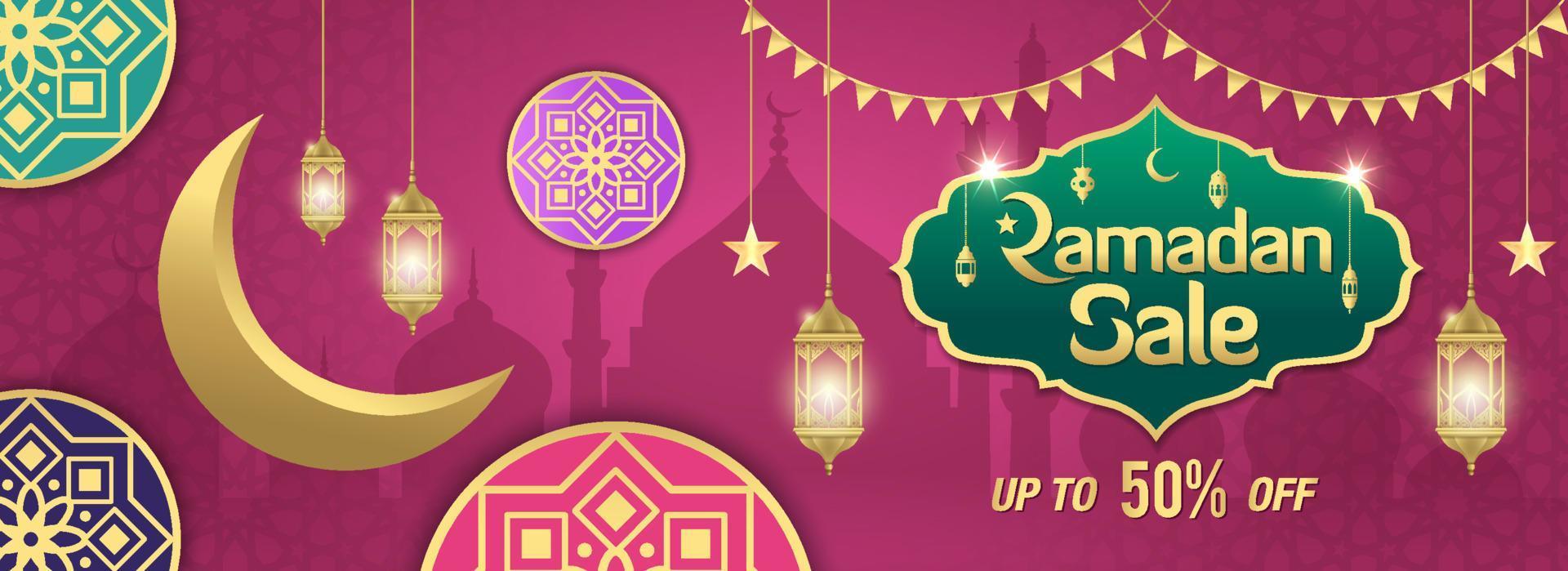 Ramadan Sale, web header or banner design with golden shiny frame, arabic lanterns and golden crescent moon on purple background. vector