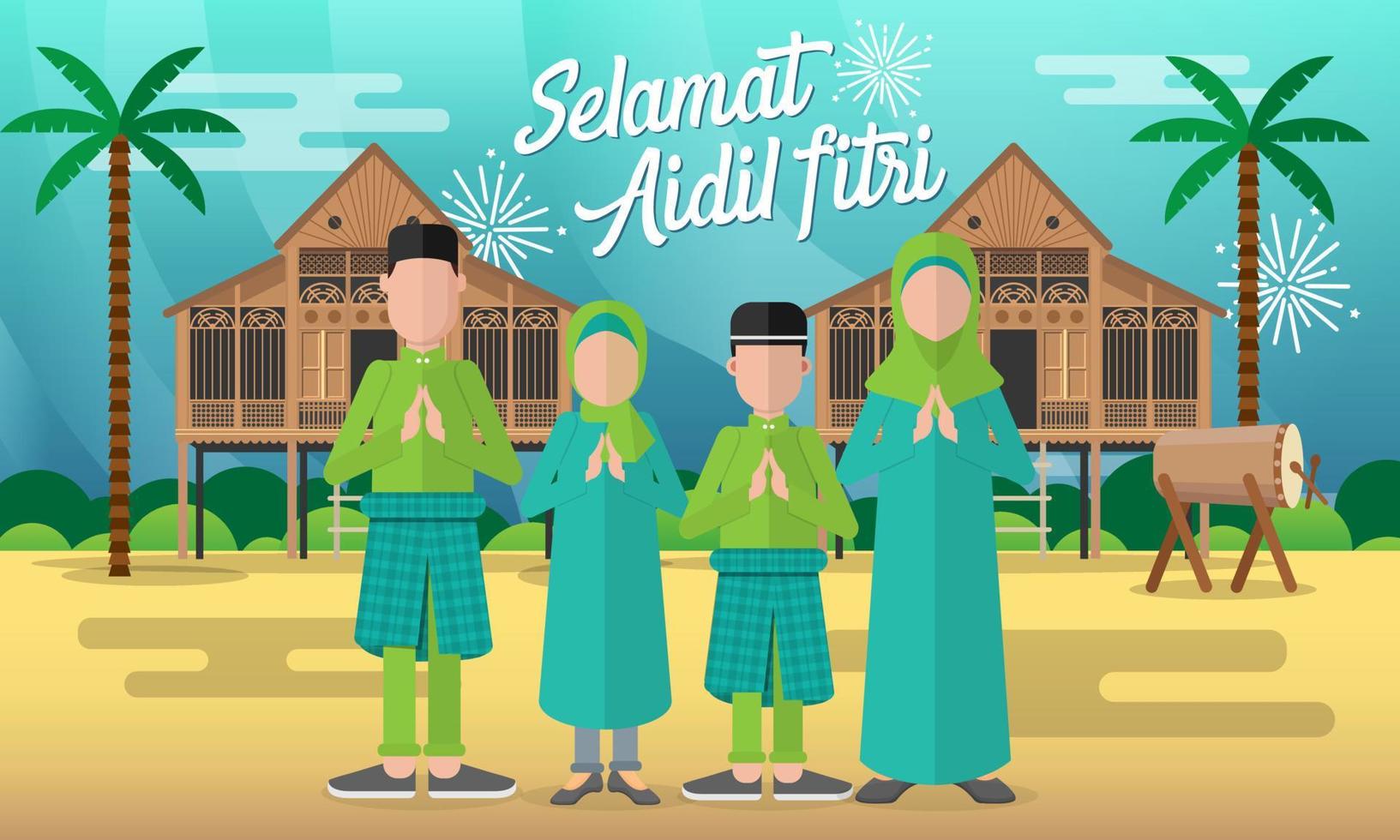 selamat hari raya aidil fitri tarjeta de felicitación en ilustración de vector de estilo plano con carácter de familia musulmana.