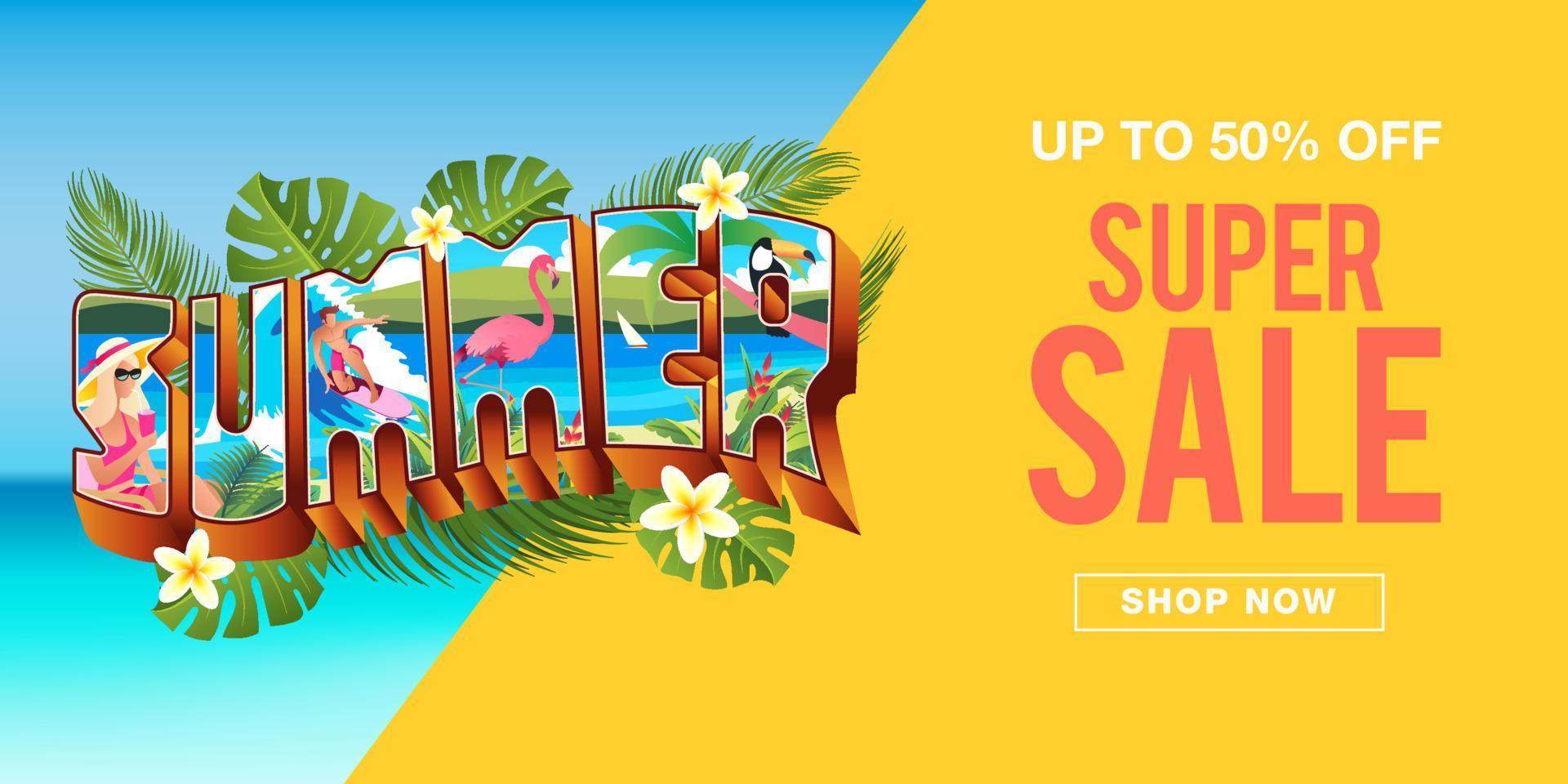 Summer sale banner with vintage summer holiday postcard style and tropical leaves background. vector