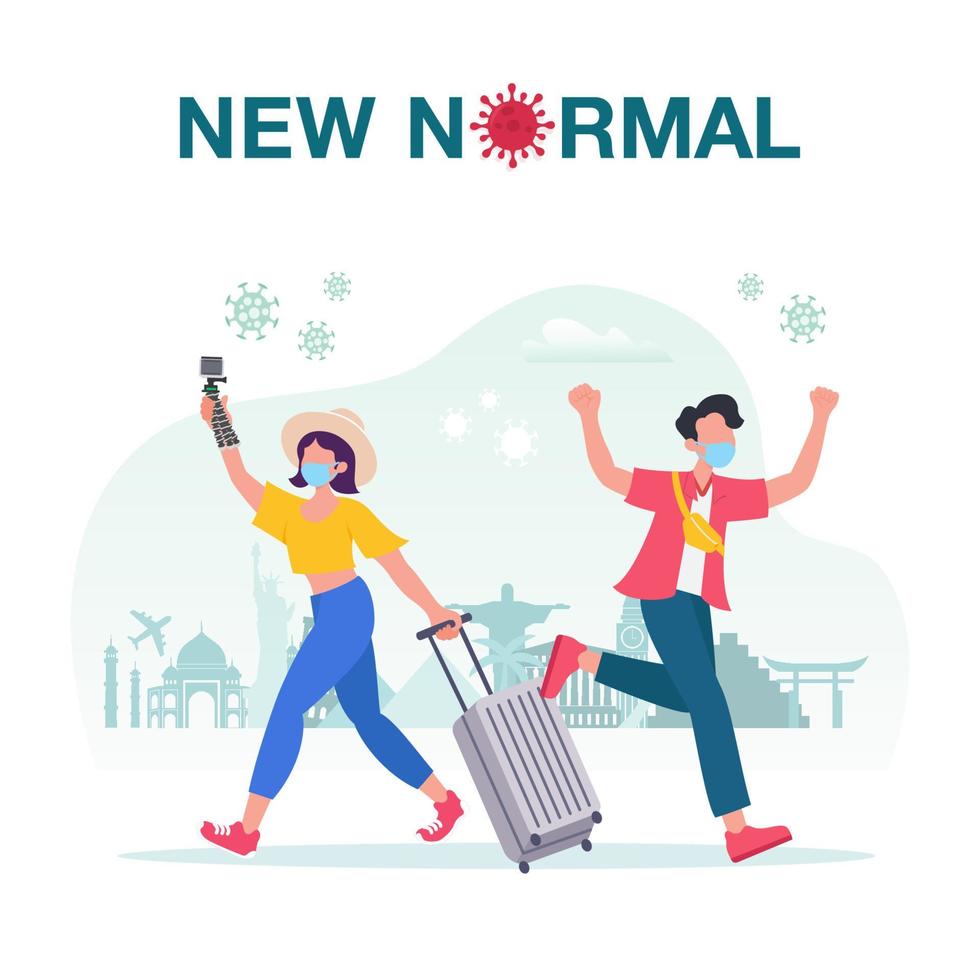 New normal concept illustration with couple of tourists with suitcases are traveling to travel and wearing face mask protect coronavirus covid-19 vector