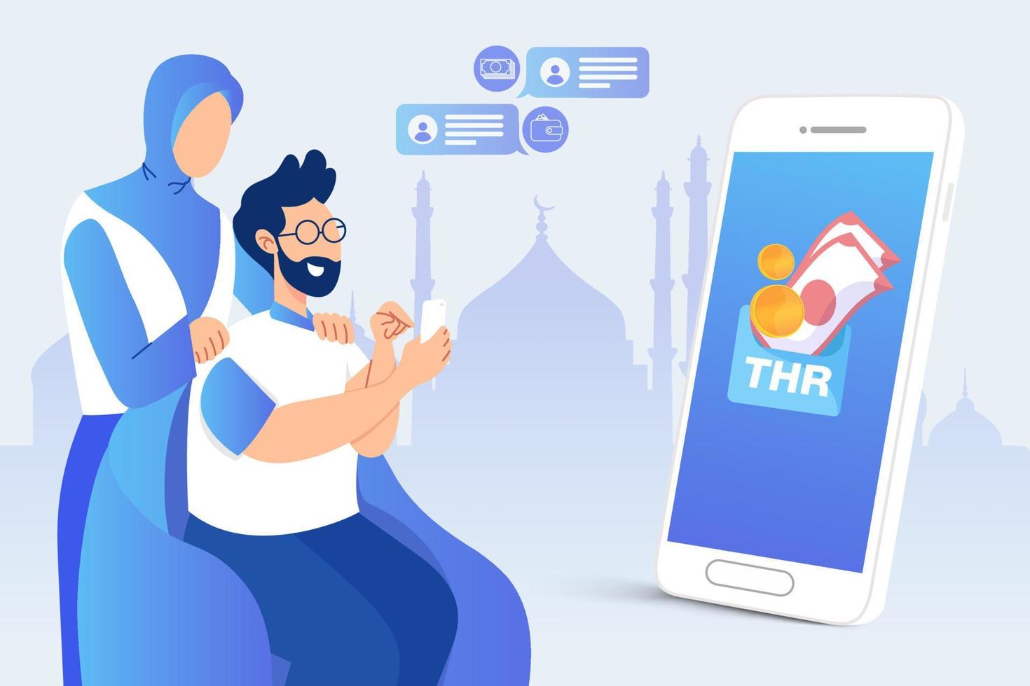 Man transferring THR or Eid Mubarak bonuses through online banking application vector