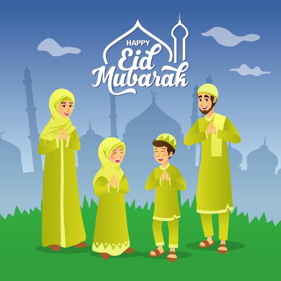 Eid mubarak greeting card. Cartoon muslim family celebrating Eid al fitr with mosque as background. vector illustration.