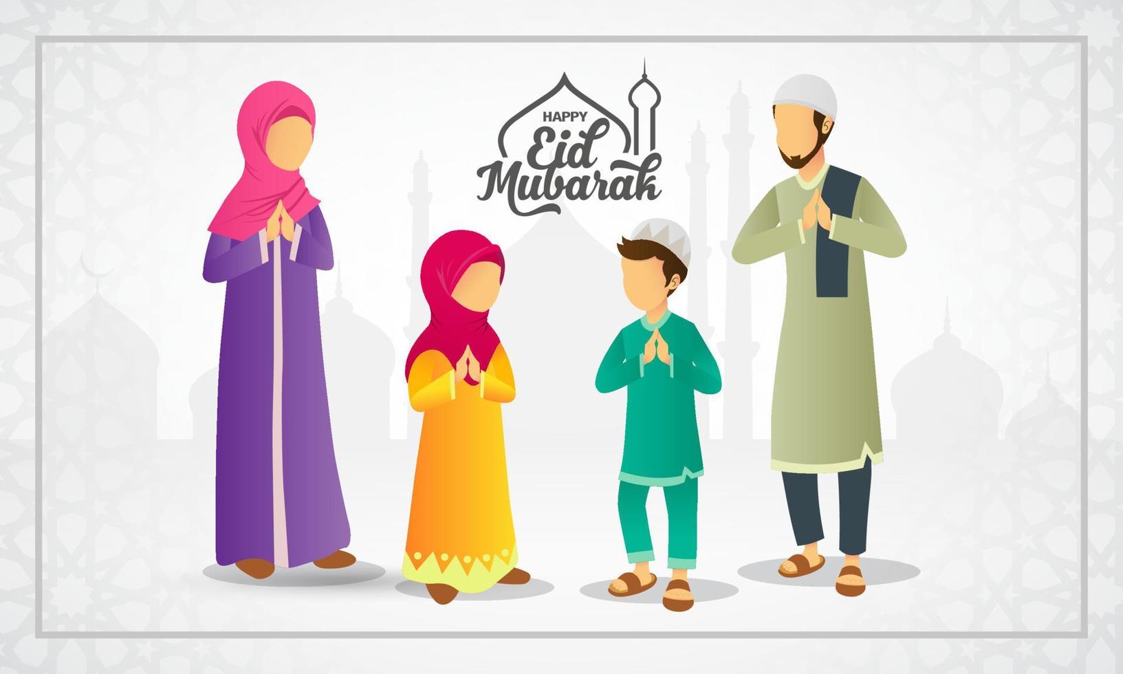 tarjeta de felicitación eid mubarak. familia musulmana de dibujos animados celebrando eid al fitr con mezquita como fondo vector