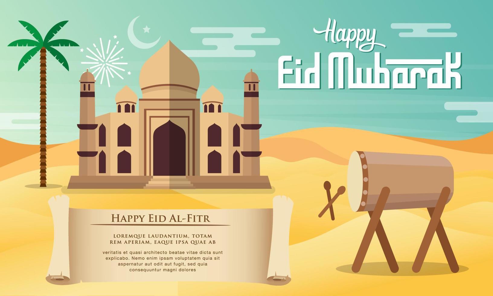 Eid Mubarak greeting card in flat style vector illustration.