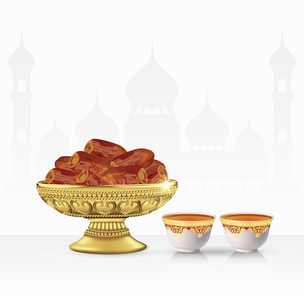 Vintage bowl of dates with tea cup isolated on white background. 3d vector illustration