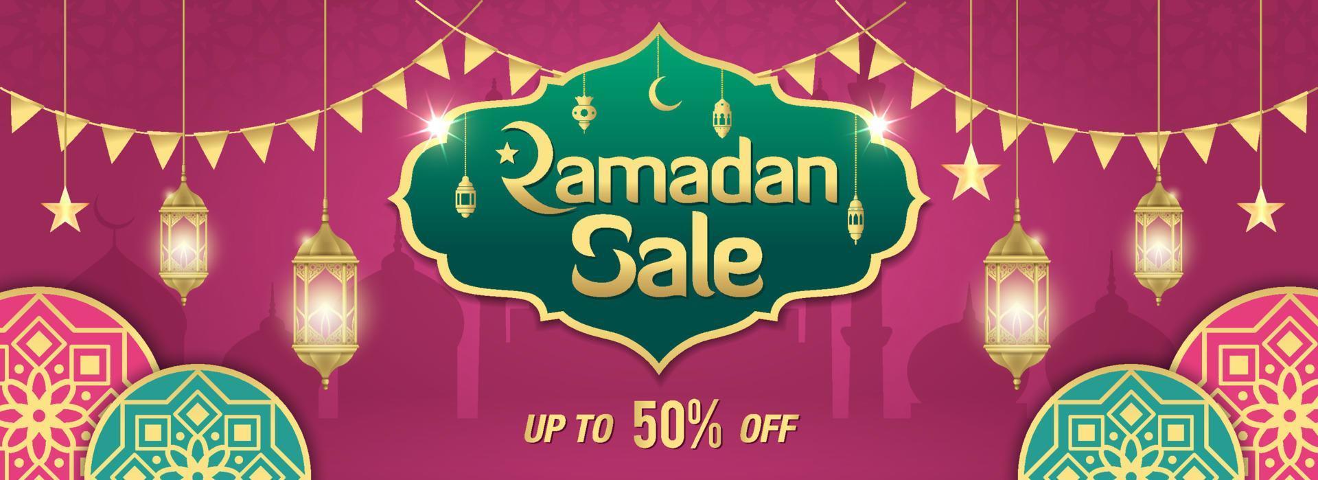 Ramadan Sale, web header or banner design with golden shiny frame, arabic lanterns and Islamic Ornament vector