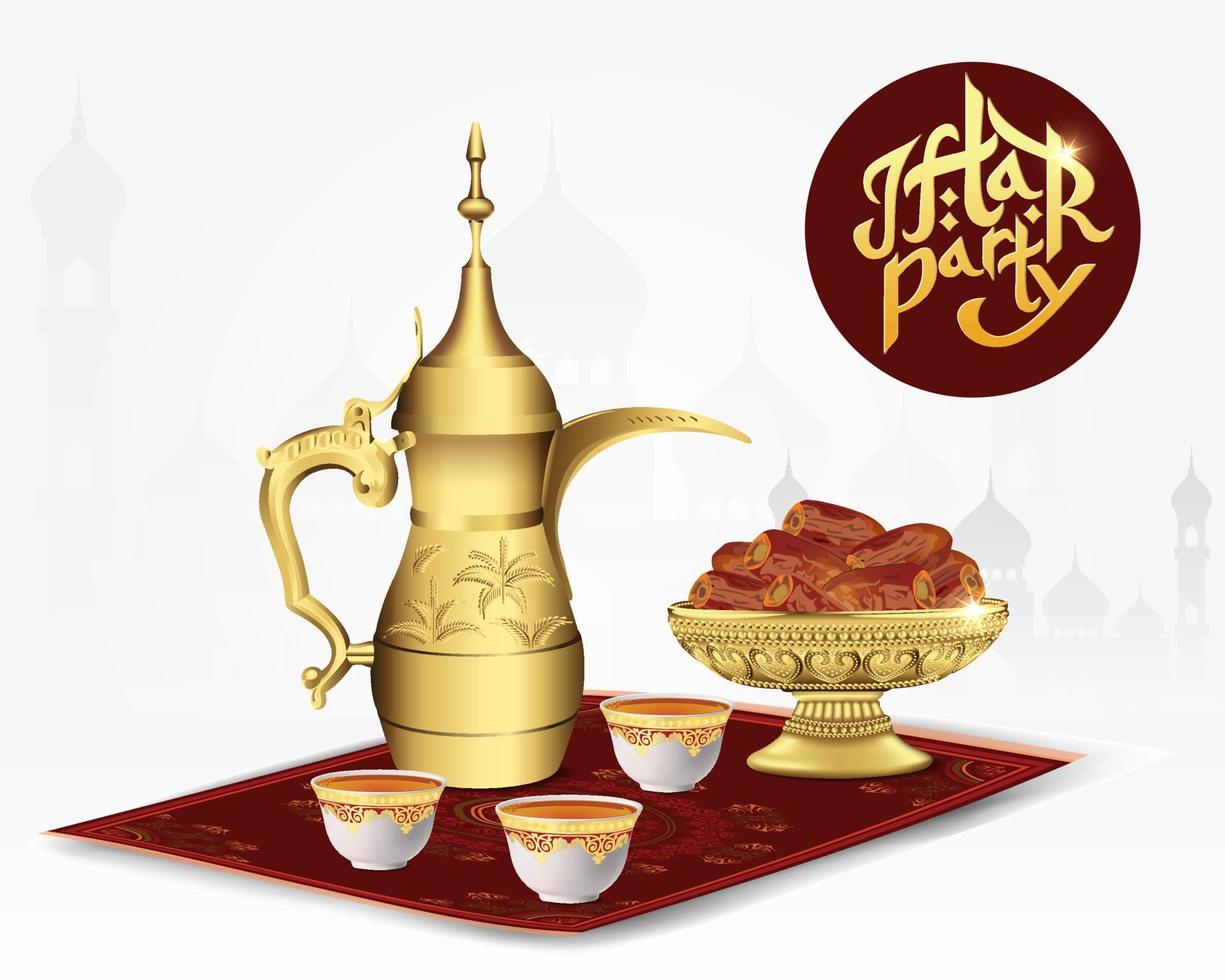 comida de fiesta iftar con tetera árabe clásica y taza, tazón de dátiles aislado sobre fondo blanco. Ilustración vectorial 3d. vector