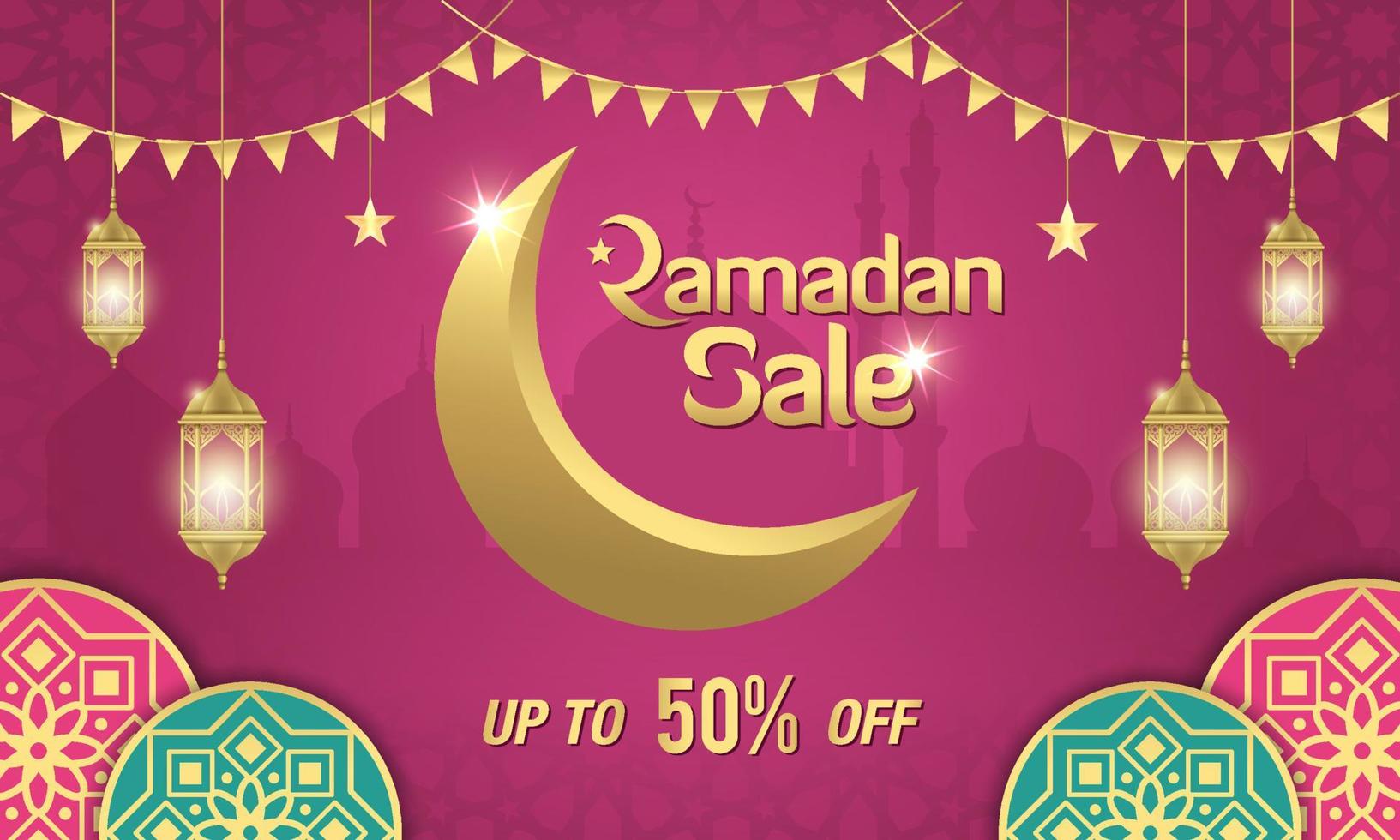 Ramadan Sale, web header or banner design with golden crescent moon, arabic lanterns and islamic ornament on purple background vector