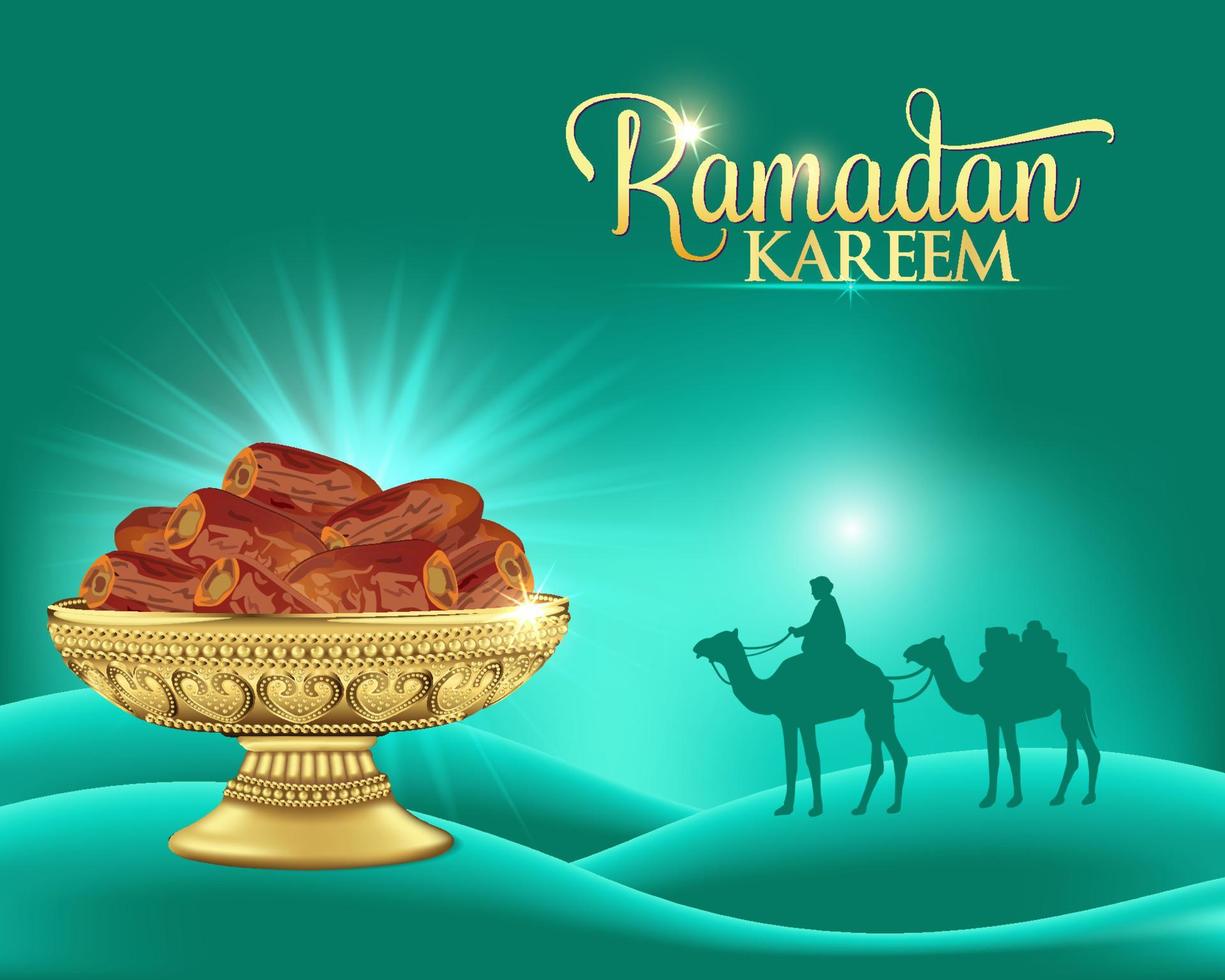 Ramadan kareem background with bowl of dates. ramadan greeting card. vector