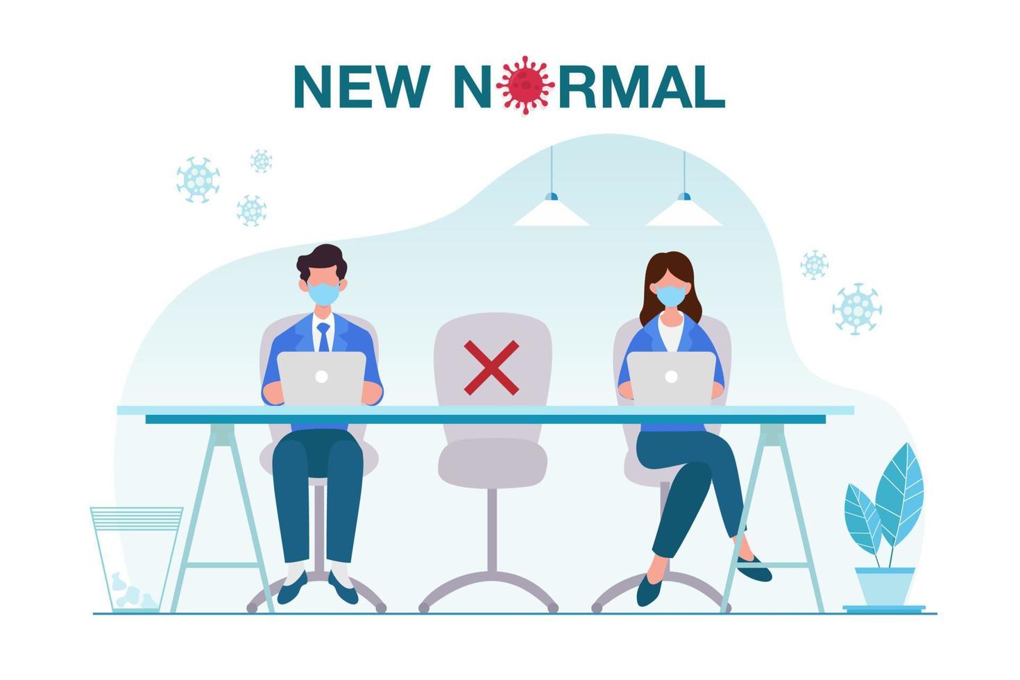 New normal concept illustration with office people keep distance from each other and working with face mask prevention from disease outbreak vector