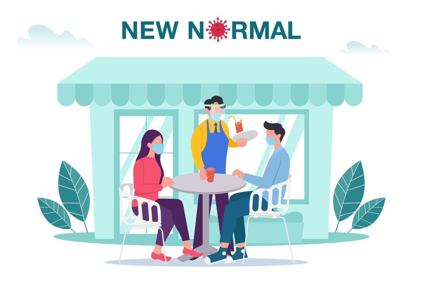 New normal concept illustration with male and female sitting at outdoor cafe or restaurant tables with face mask prevention from disease outbreak vector