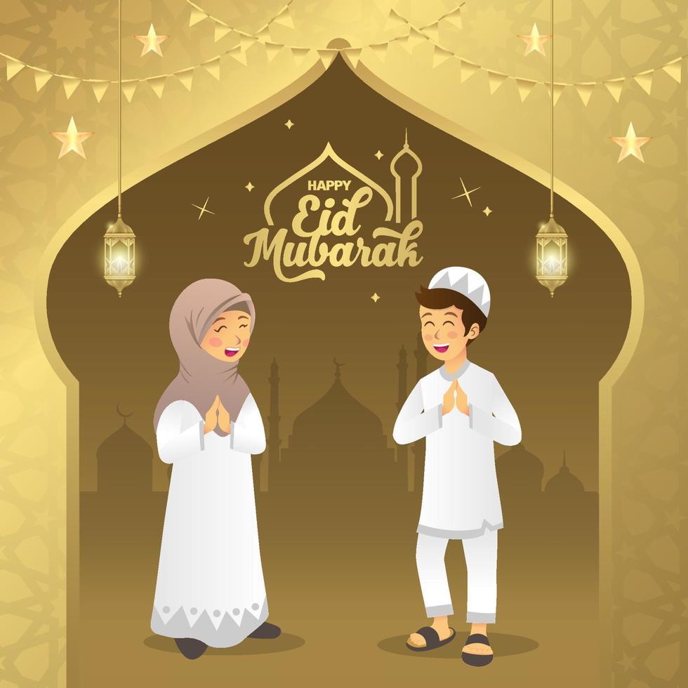 Eid mubarak greeting card. Cartoon muslim kids blessing Eid al fitr on gold background. vector illustration.