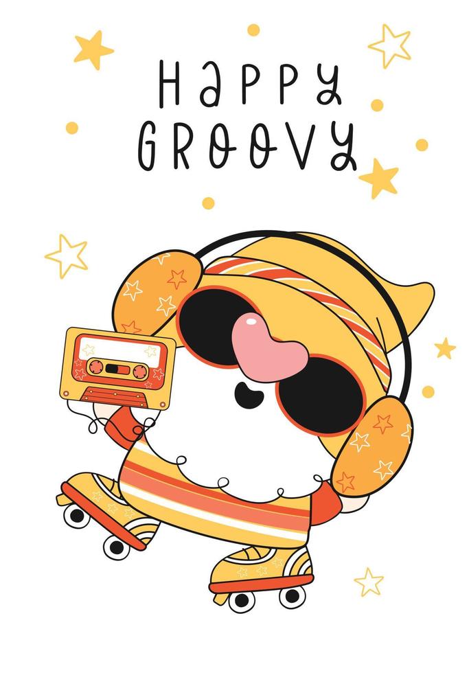 cute Gnome greeting card, cute cartoon retro groovy nordic faceless head drawing in vingate outfit with old style roller skate and music vector