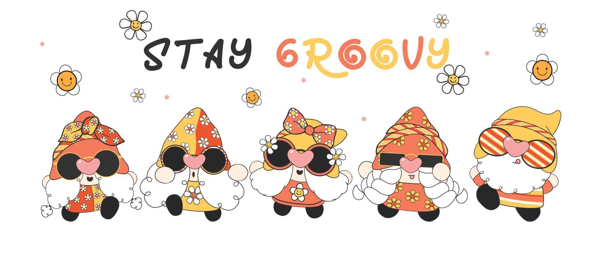 group of cute fun and happy groovy retro gnomes cartoon outline drawing vector banner