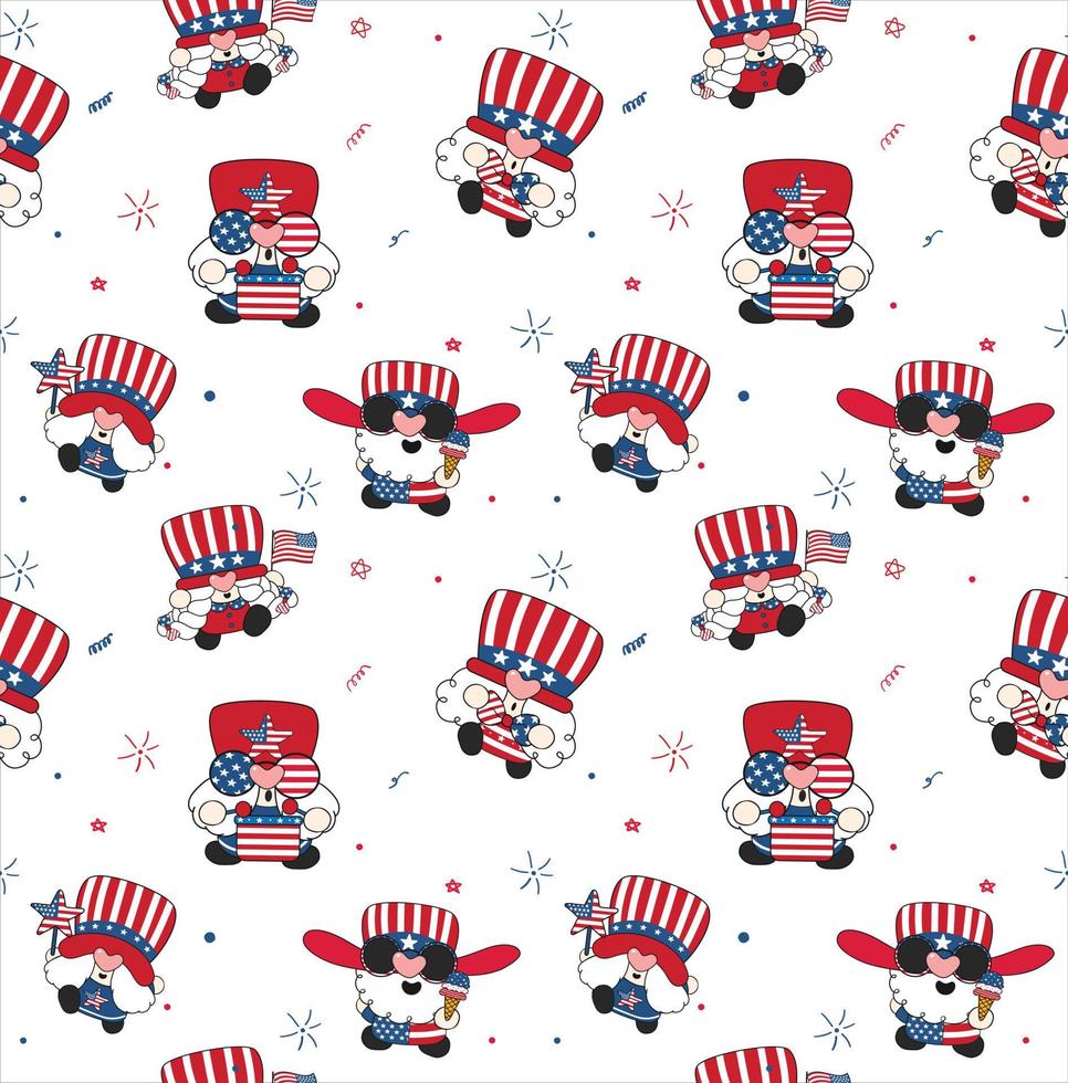 Gnome pattern repeat seamless background paper, cute fun hippy America Uncle sam gnome celebrating. vector