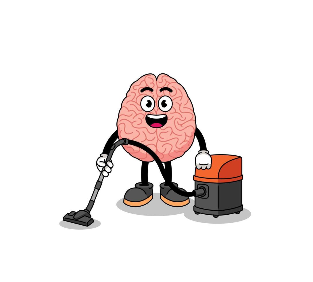 Character mascot of brain holding vacuum cleaner vector