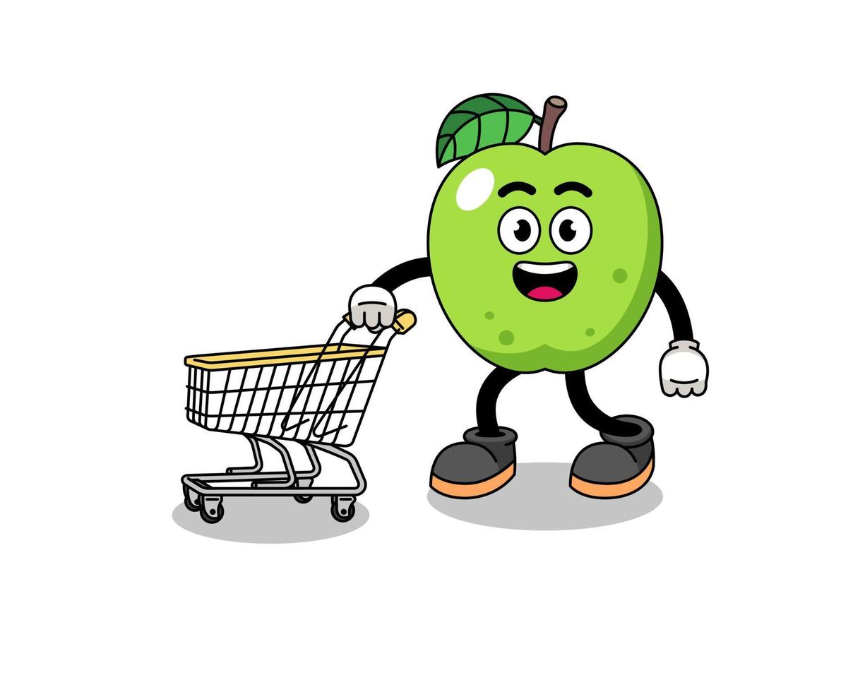 caricatura de manzana verde sosteniendo un carrito de compras vector