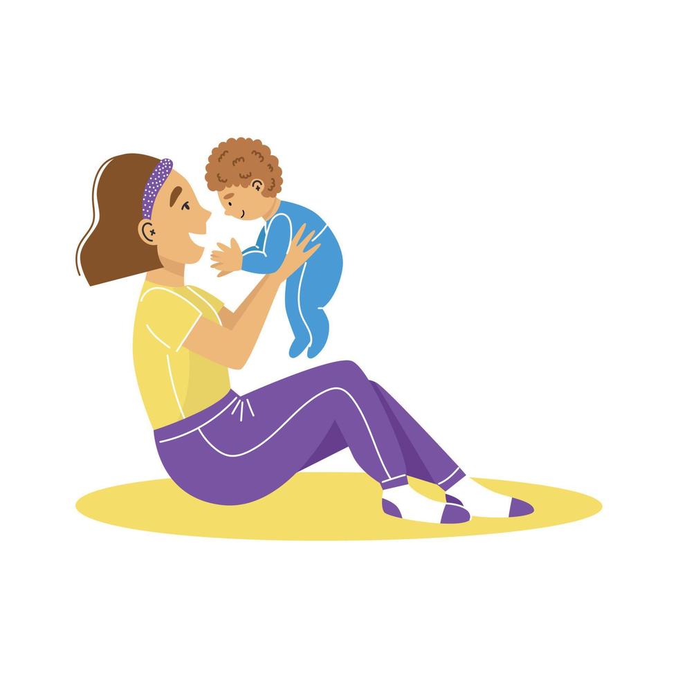 A young woman mother holding baby boy in arms. Mom hugs her baby. Mother with a baby. Vector illustration.