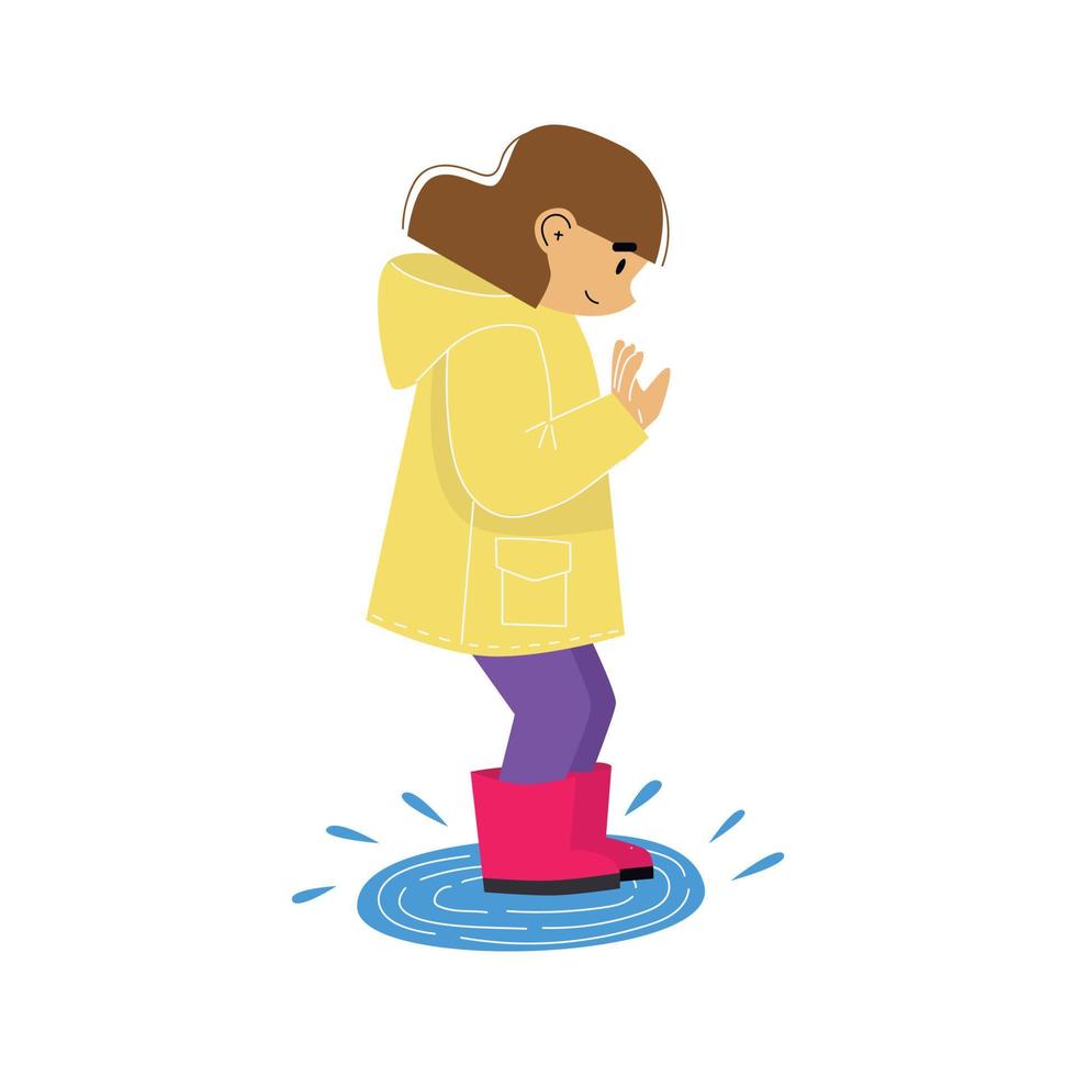 linda niña con impermeable amarillo y saltando sobre un charco de lluvia. juego de clima lluvioso. ilustración vectorial de dibujos animados sobre fondo blanco. vector