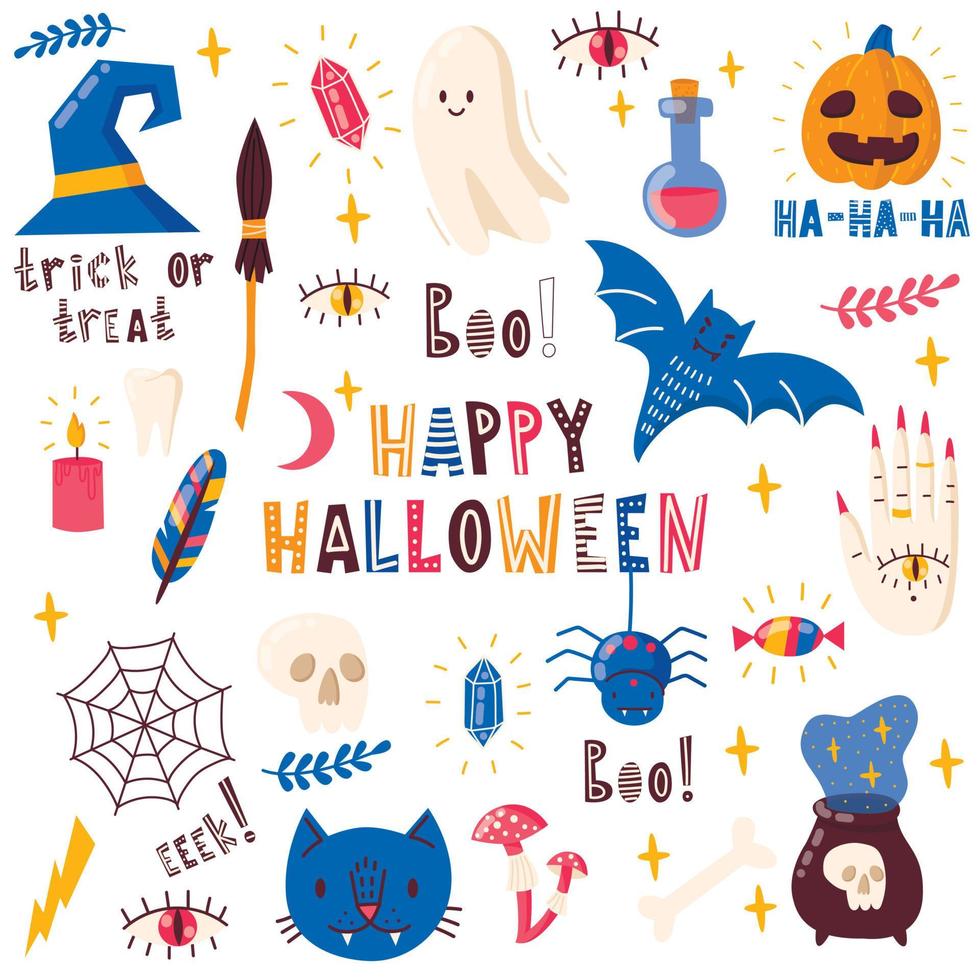 Set of vector elements for Halloween with letterig.  Pumpkin, poison, witches broom, candy, boo, cat, ghost, bat, crystal, mushrooms, skull. Vector illustration