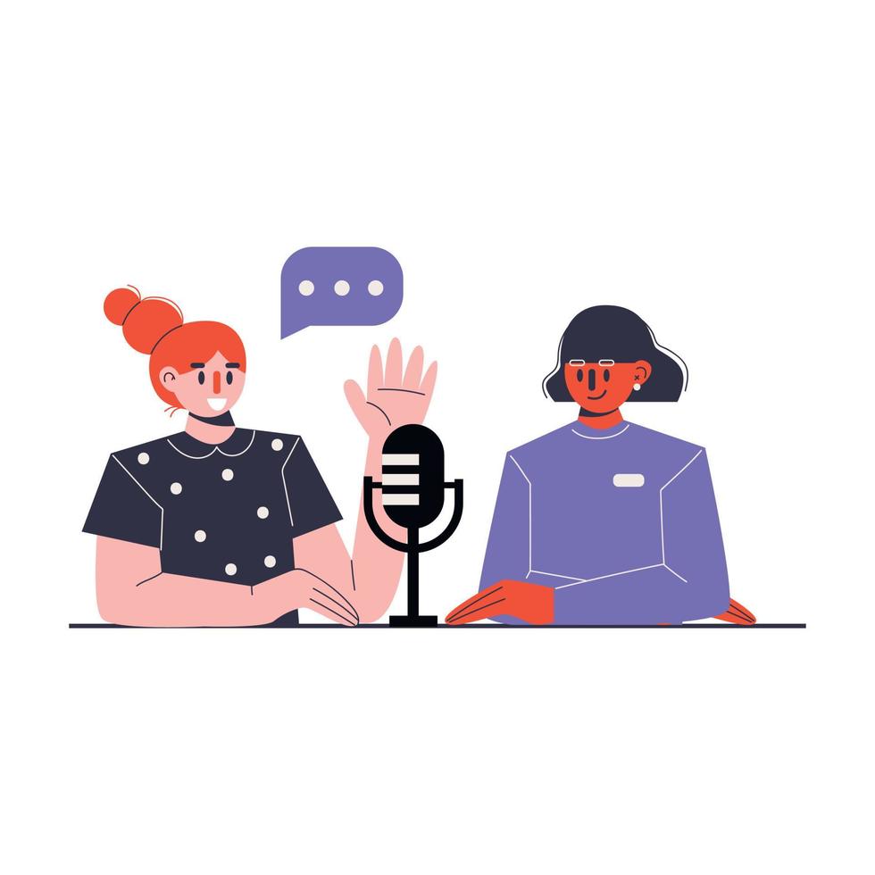 Radio host and guest. Concept of live online interview translation. Media hosting. Flat vector illustration.