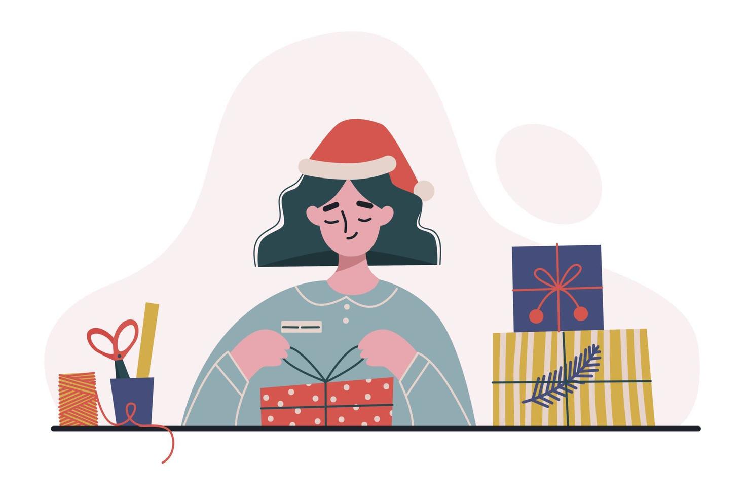 Woman making and packing gifts. Woman wrapping boxes with decorative paper. Male packing presents for Christmas. Flat vector illustration.