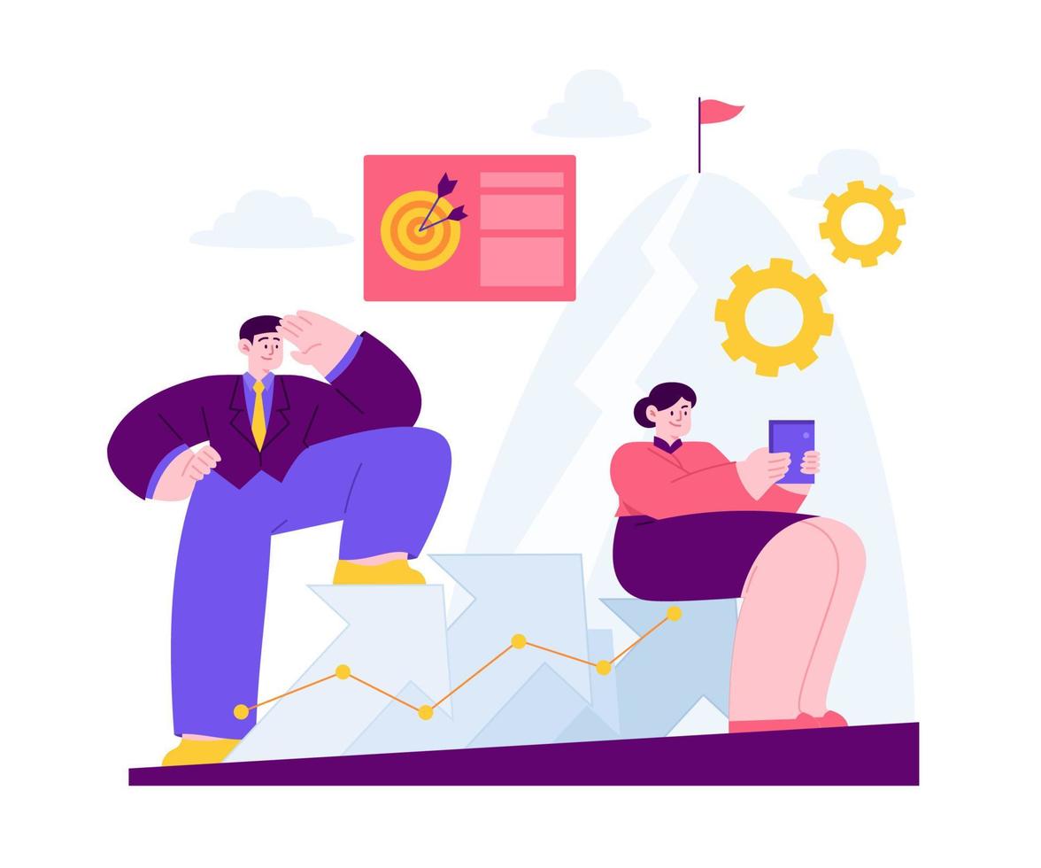 Goal concept vector Illustration idea for landing page template, common purpose achievement, project challenge target, teamwork business. Hand drawn Flat Styles