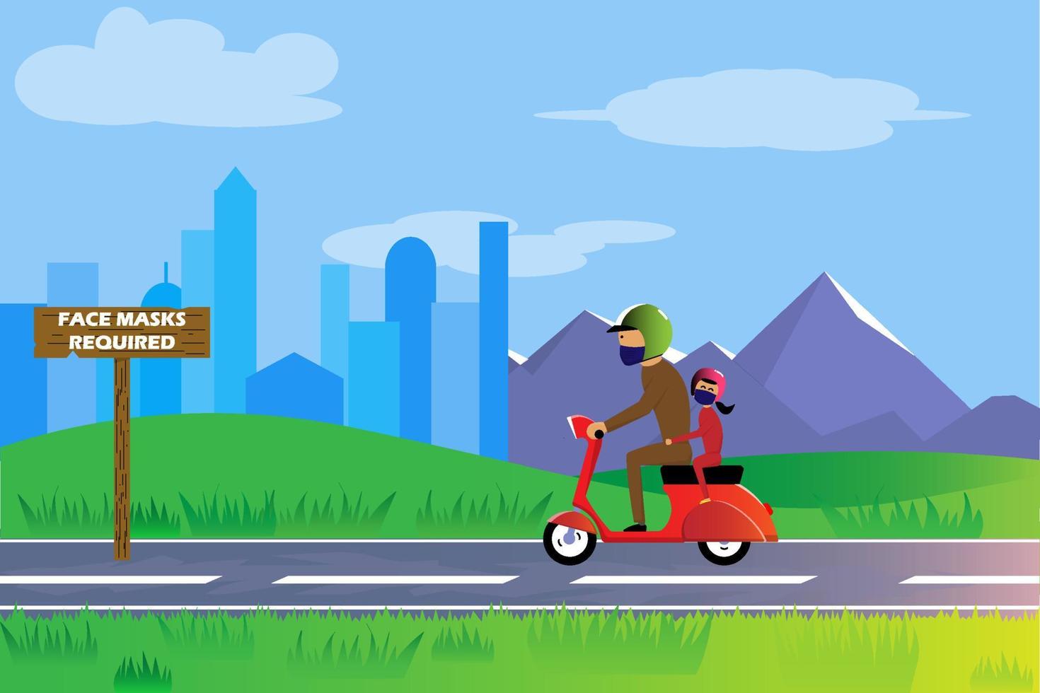 illustration of two people on motorbikes enter the zone wearing face masks vector
