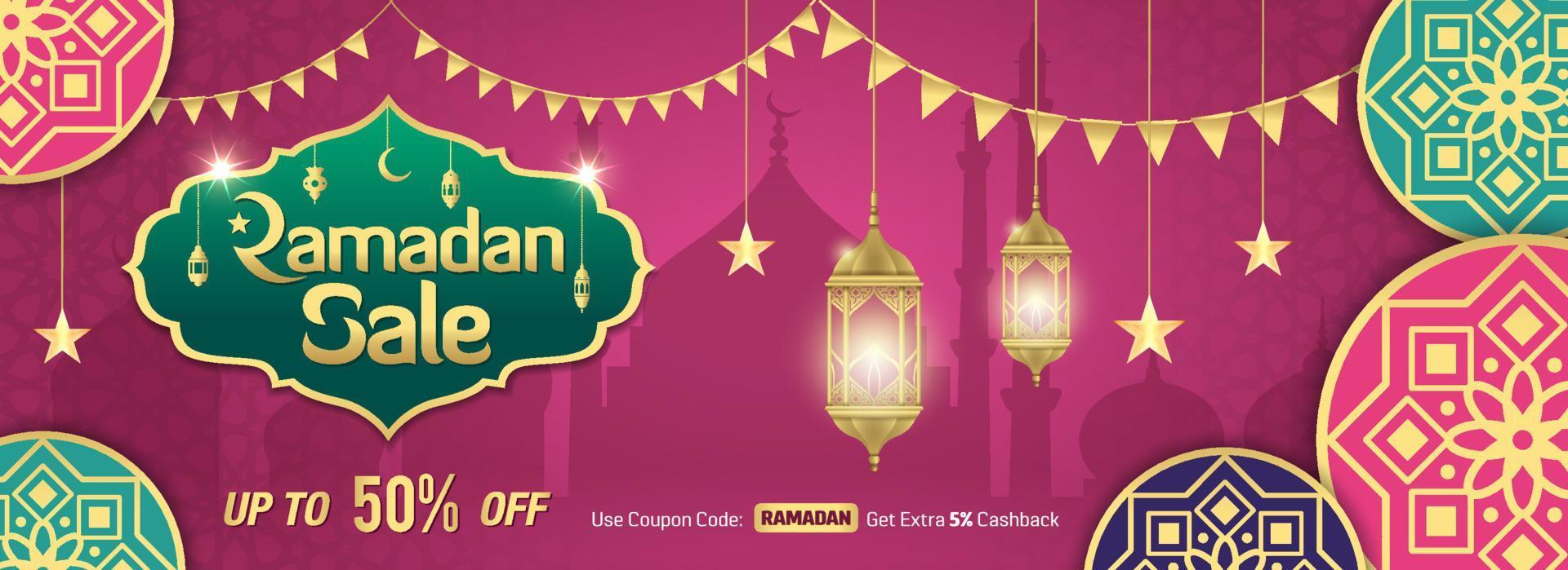 Ramadan Sale, web header or banner design with golden shiny frame, arabic lanterns and Islamic Ornament vector