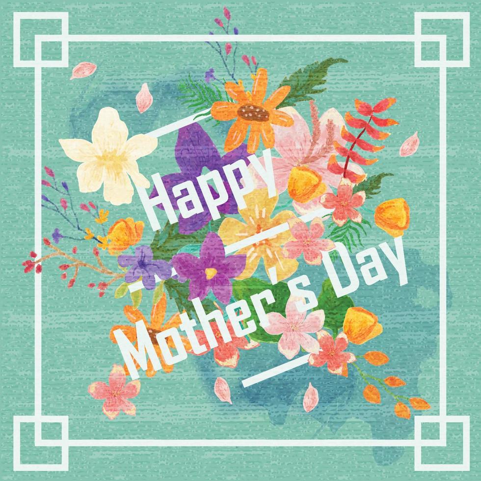 plantilla de tarjeta de felicitación del día de la madre con hermoso fondo de flores florecientes. tarjeta elegante del día de las madres felices con texto, fondo de acuarela y ramos de flores. vector