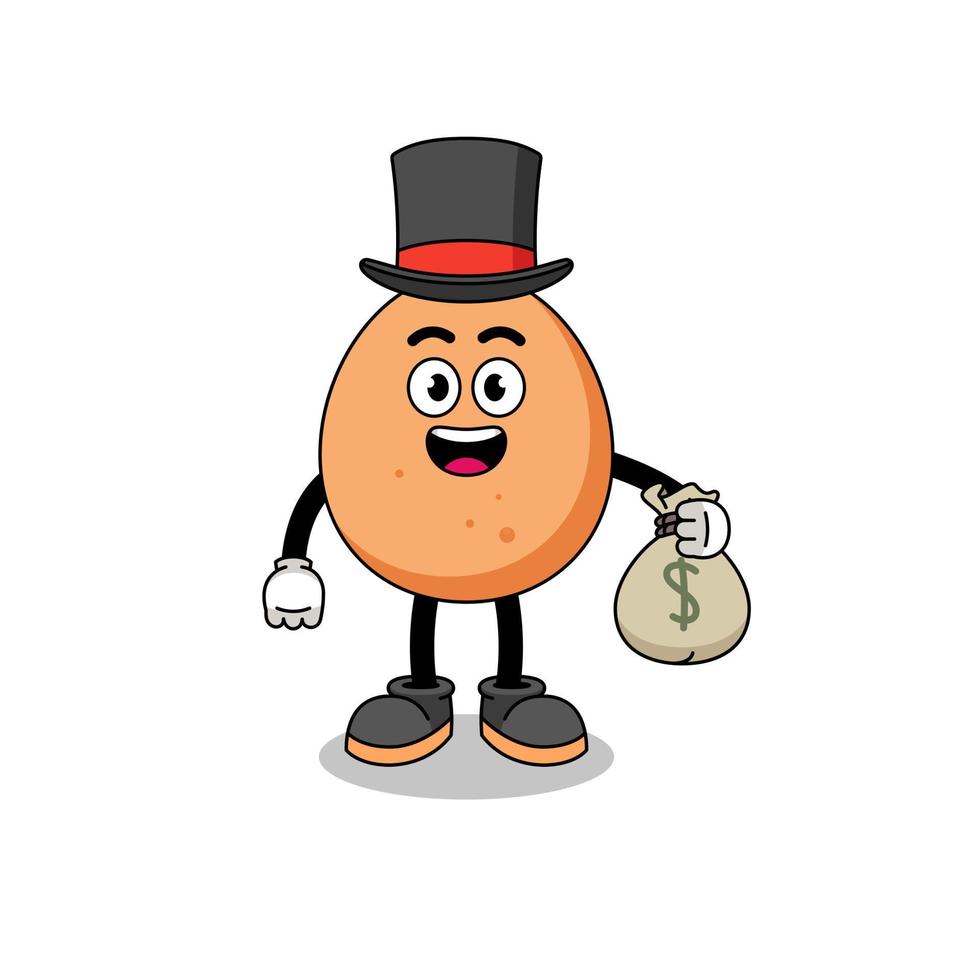 egg mascot illustration rich man holding a money sack vector