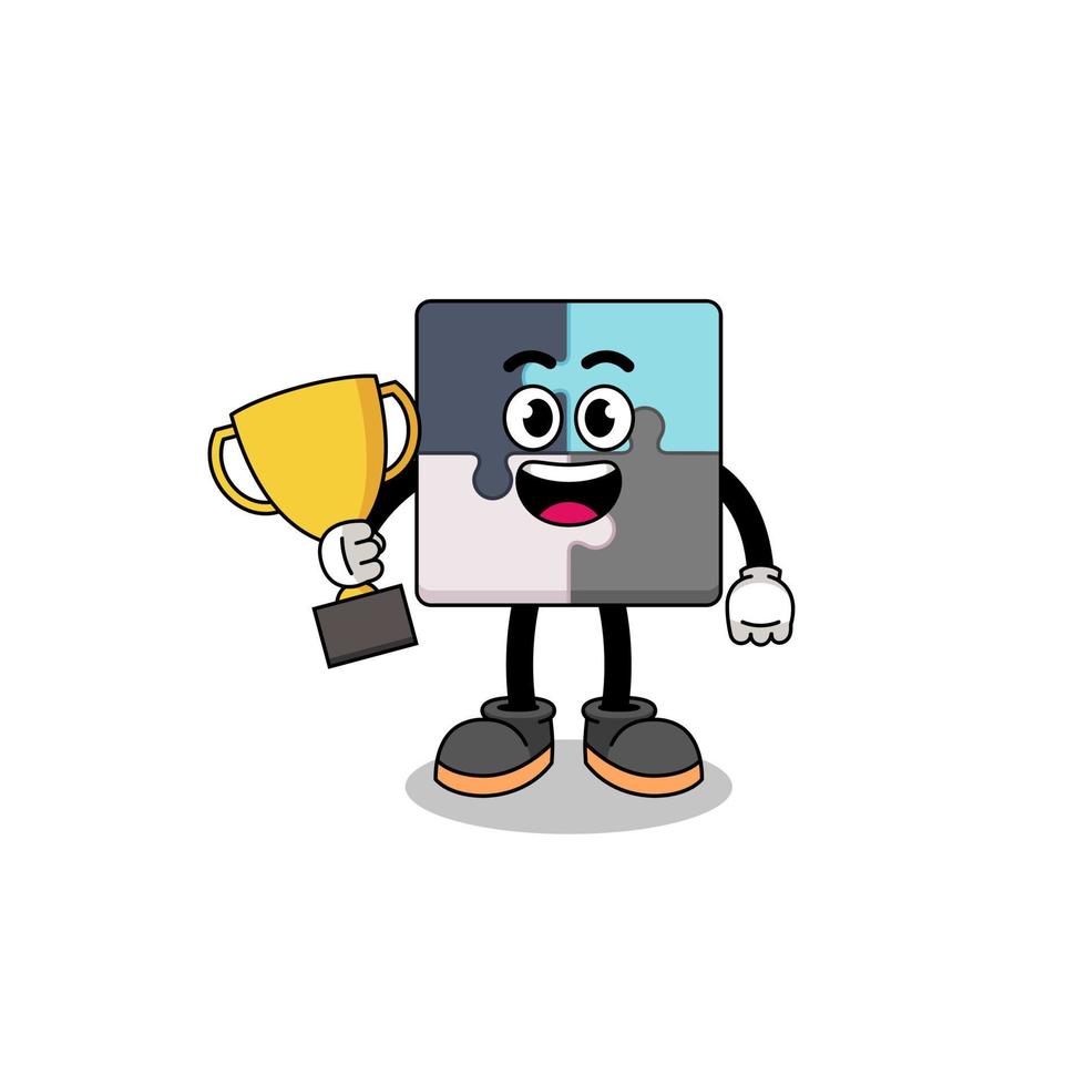 Cartoon mascot of jigsaw puzzle holding a trophy vector