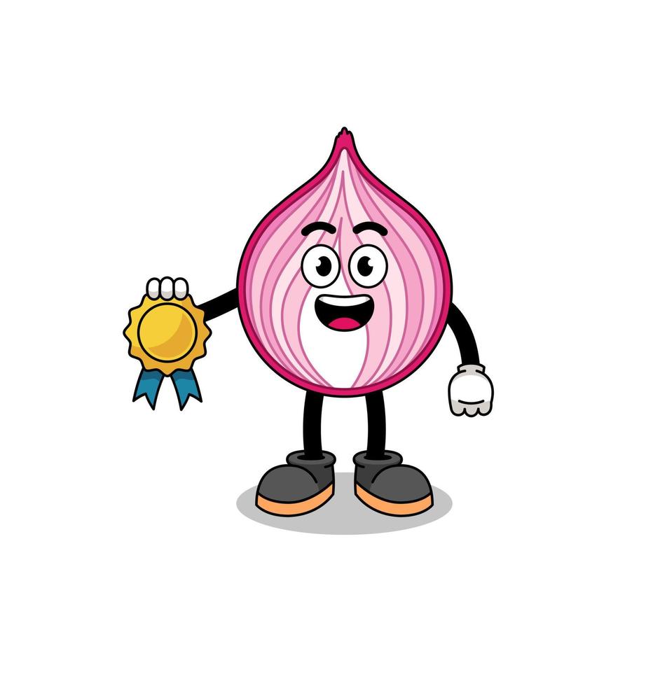 sliced onion cartoon illustration with satisfaction guaranteed medal vector