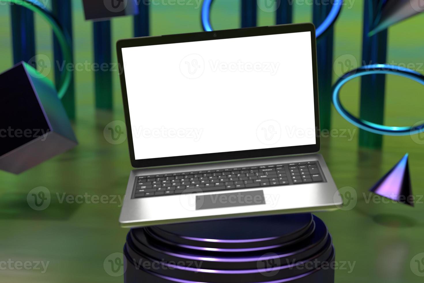 Macbook laptop screen mockup above pedestal photo