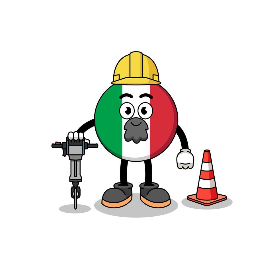 caricatura de personaje de la bandera de italia trabajando en la construcción de carreteras vector