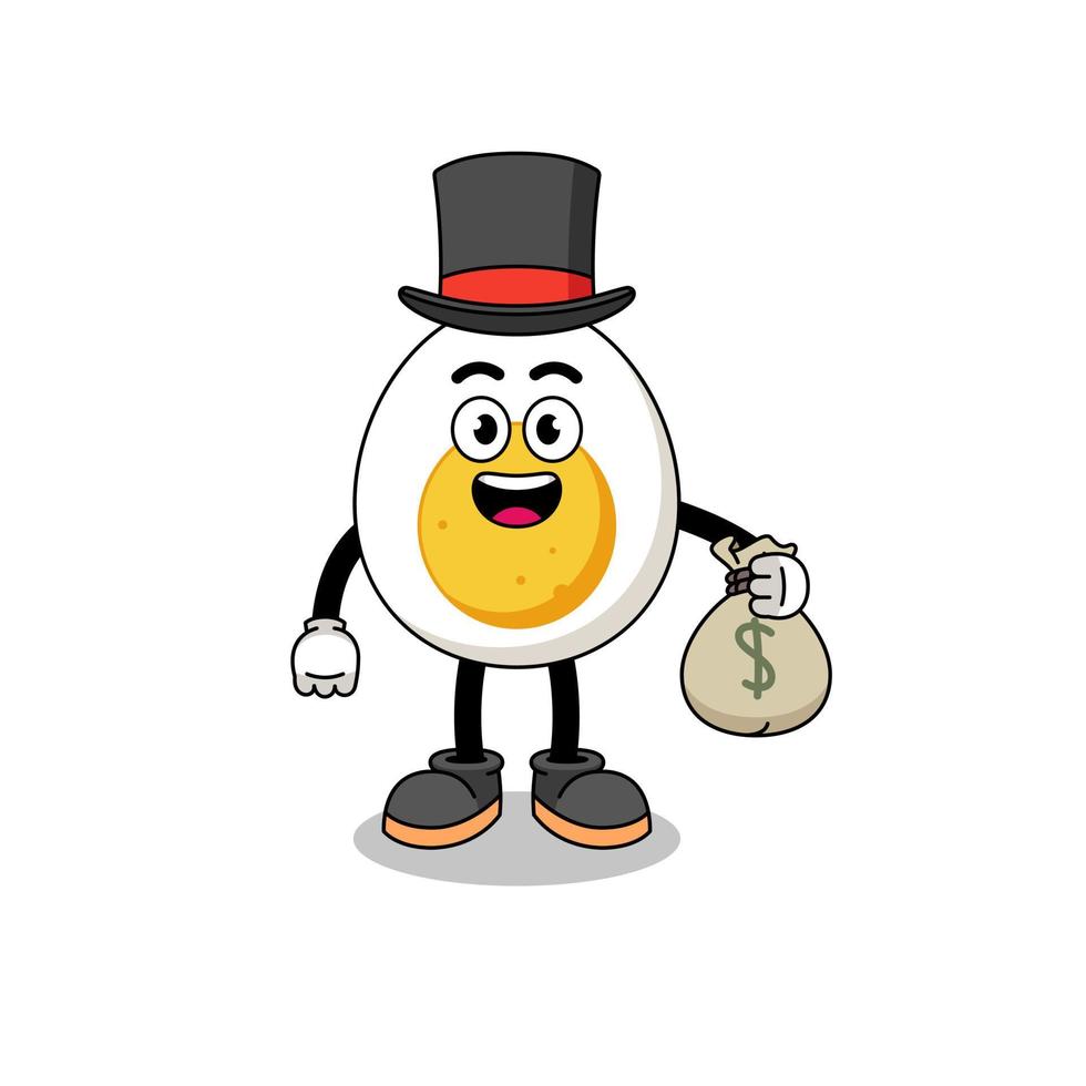 boiled egg mascot illustration rich man holding a money sack vector