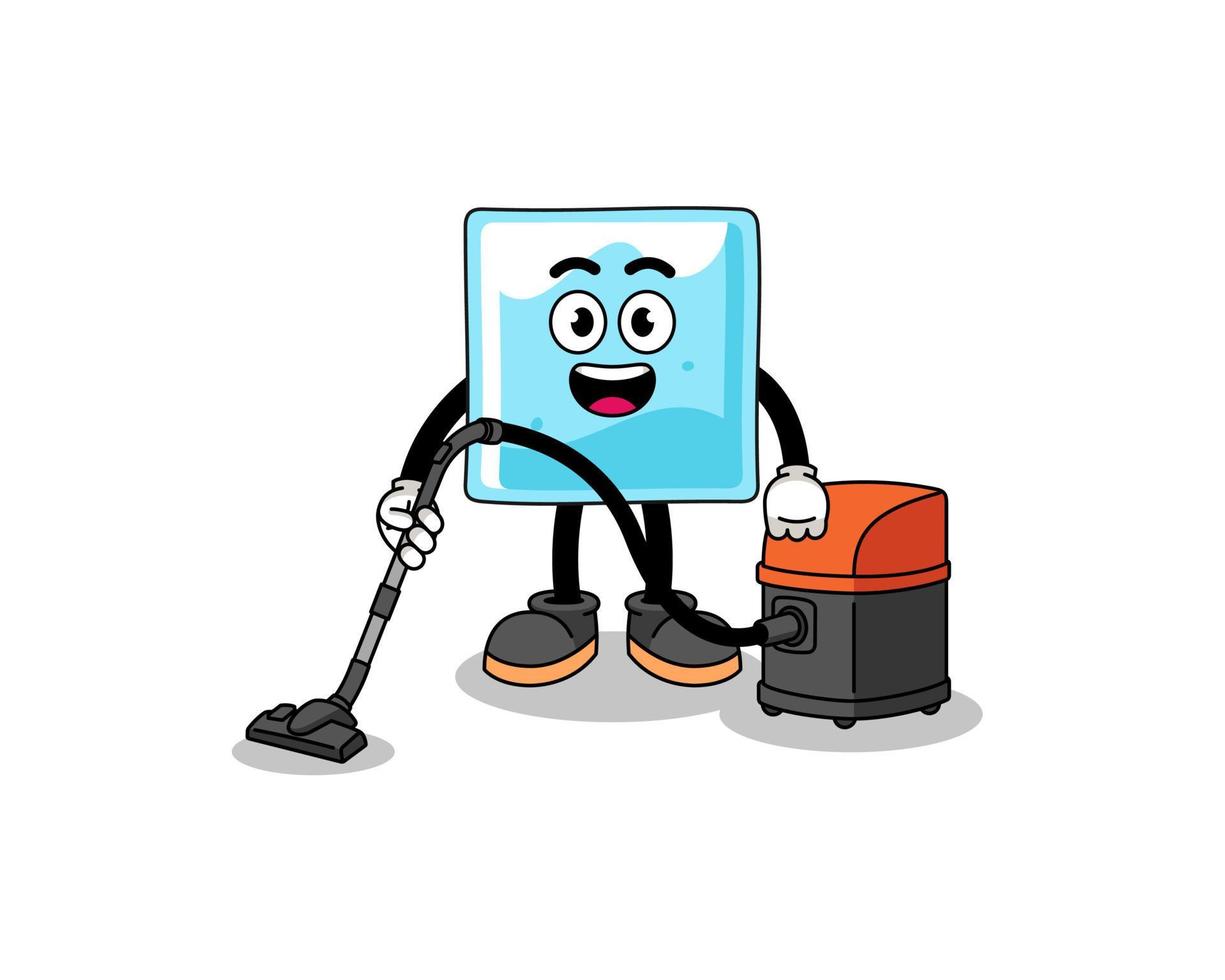 Character mascot of ice block holding vacuum cleaner vector