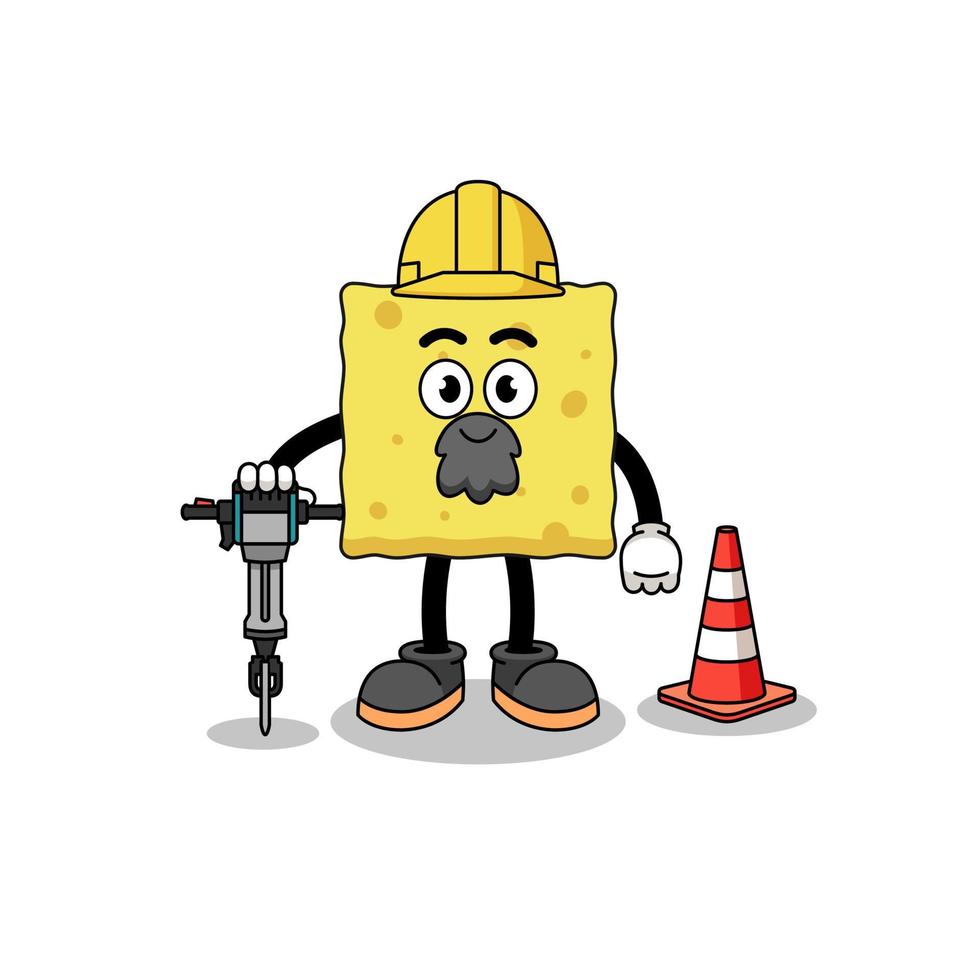 caricatura de personaje de esponja trabajando en la construcción de carreteras vector