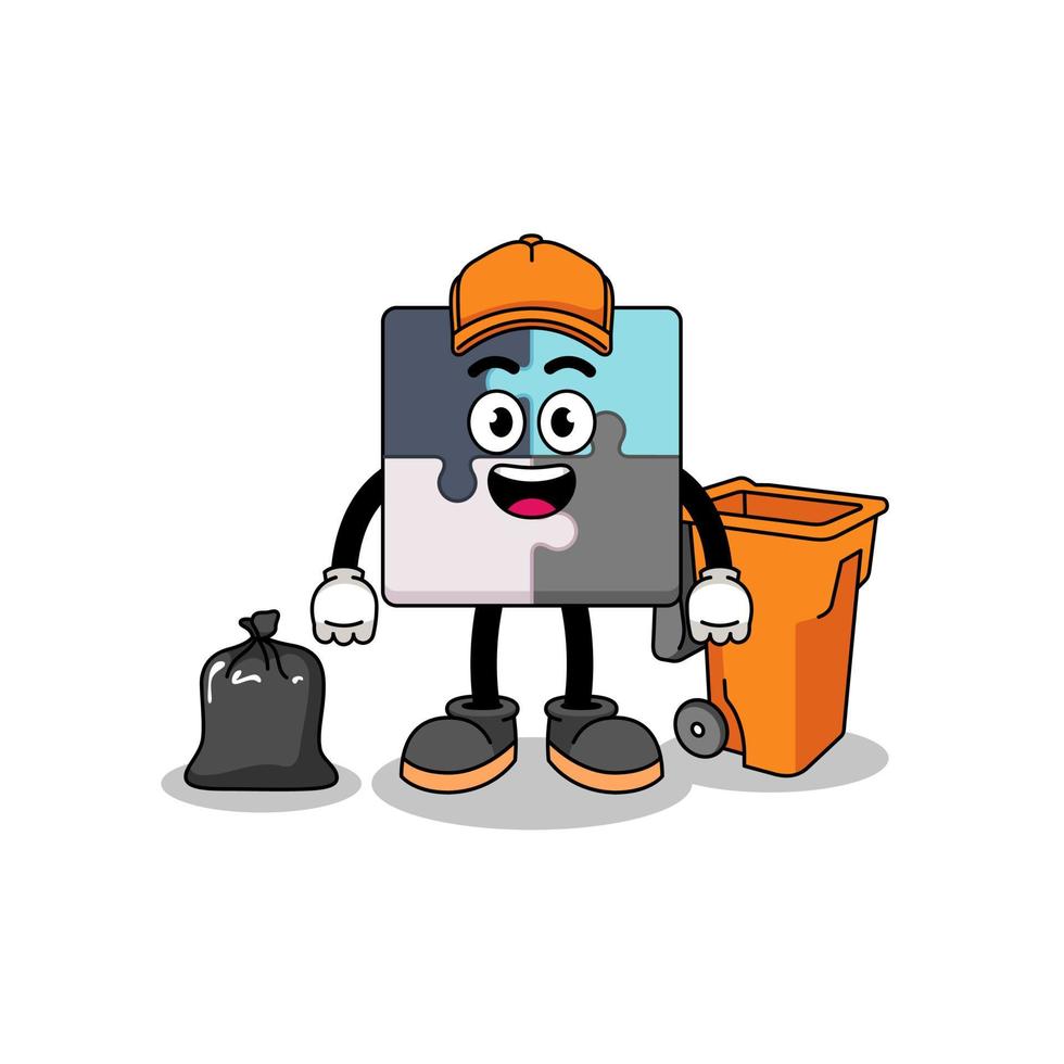 Illustration of jigsaw puzzle cartoon as a garbage collector vector