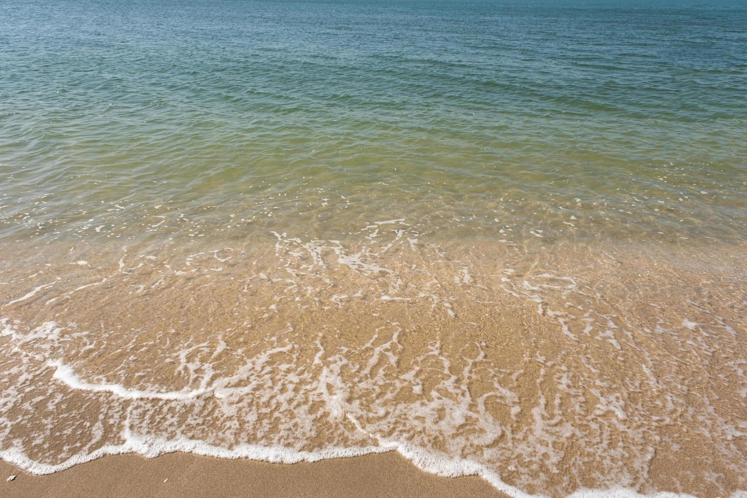 Soft ocean wave of blue ocean on tropical sandy beach in summer background with copy space. texture Background photo