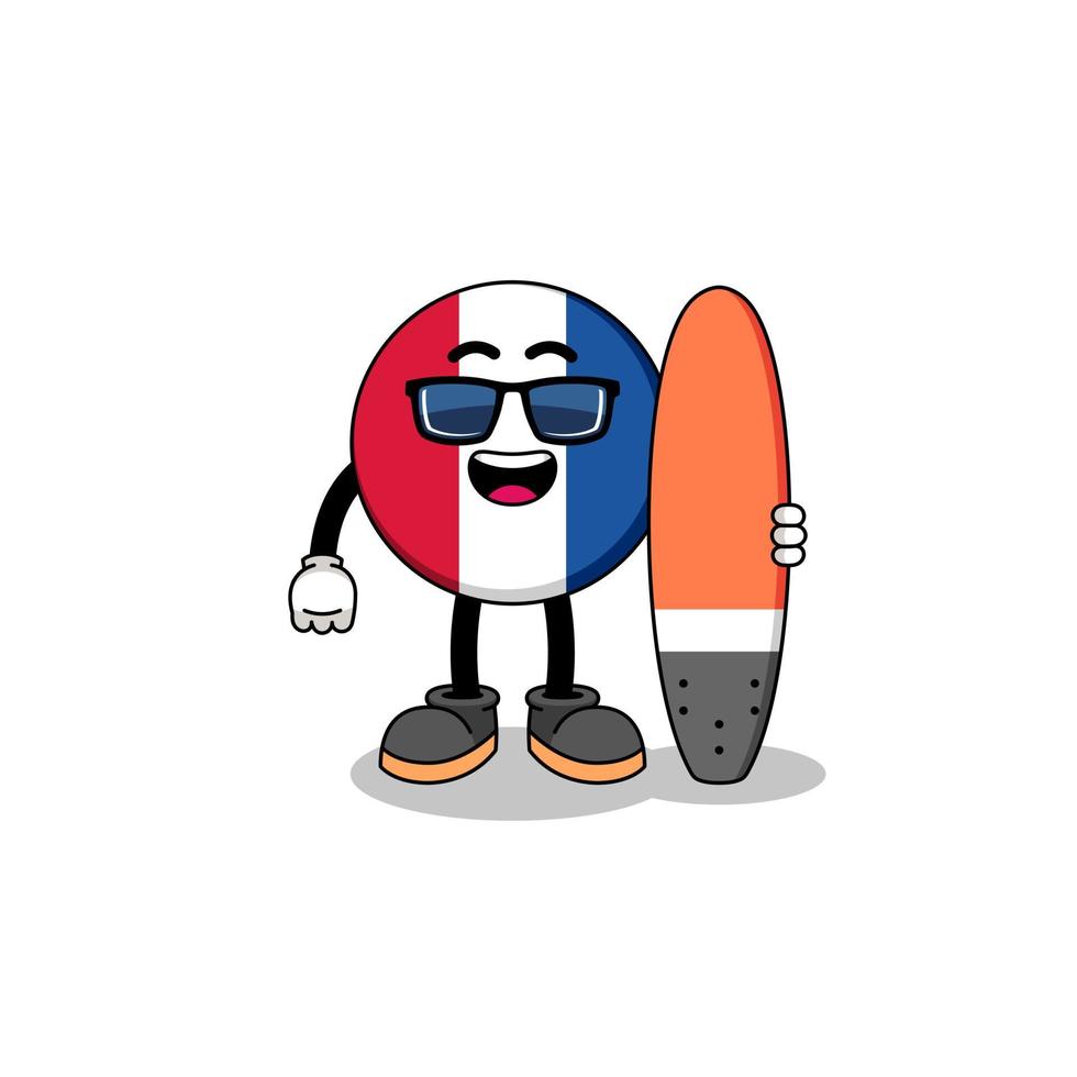 caricatura de mascota de la bandera de francia como surfista vector