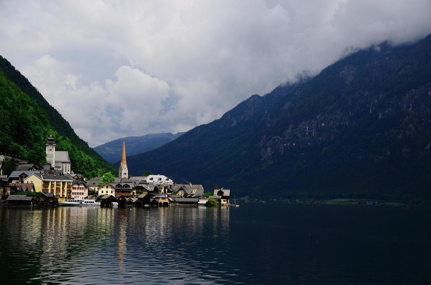 Hallstatt with church by the lake photo