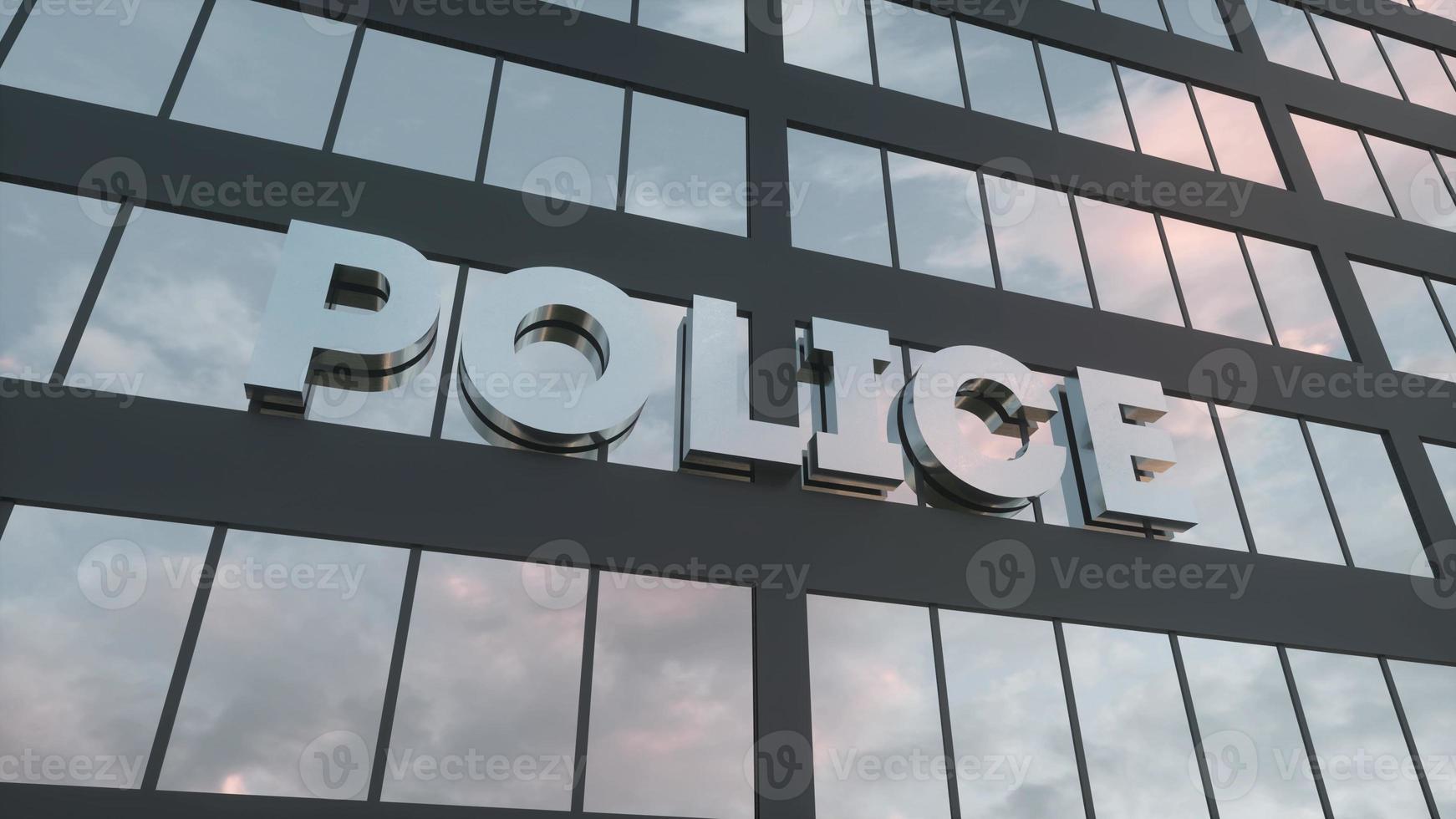 la policía firma en un moderno rascacielos de cristal. edificio de cristal de la policía. representación 3d foto